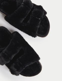 Faux Fur Buckle Slider Slippers