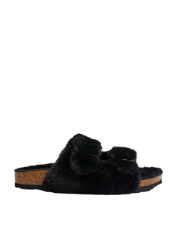 Faux Fur Buckle Slider Slippers