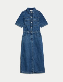 Pure Cotton Denim Midi Utility Dress