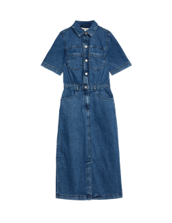 Pure Cotton Denim Midi Utility Dress