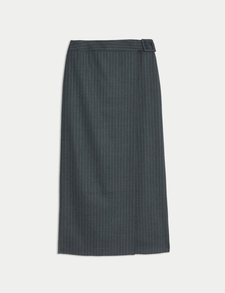 Wool Blend Pinstripe Midaxi Wrap Skirt