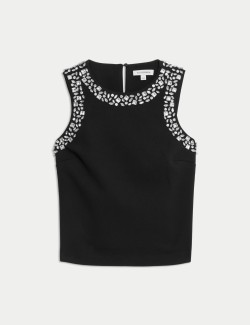 Embellished Crew Neck Sleeveless Blouse