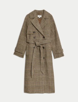 Checked Longline Trench Coat with Wool