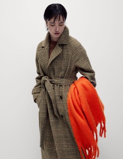 Checked Longline Trench Coat with Wool