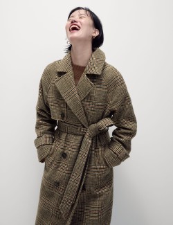 Checked Longline Trench Coat with Wool