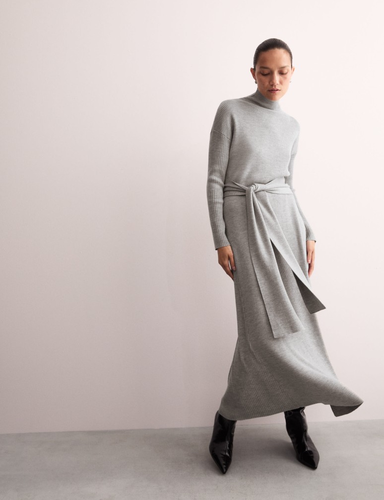 Pure Merino Wool Knitted Funnel Neck Dress