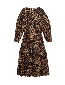 Animal Print Midi Waisted Tiered Dress