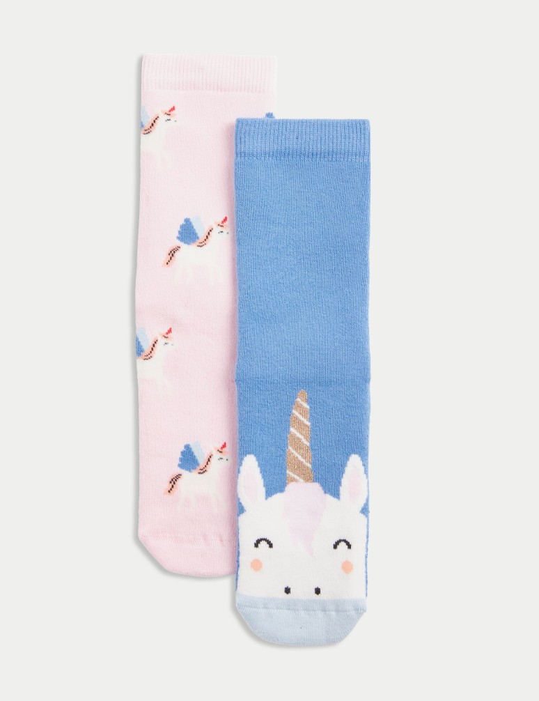 2pk Cotton Rich Terry Unicorn Slipper Socks (6 Small - 7 Large)