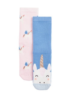 2pk Cotton Rich Terry Unicorn Slipper Socks (6 Small - 7 Large)