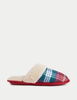 Checked Faux Fur Lined Mule Slippers