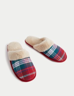 Checked Faux Fur Lined Mule Slippers