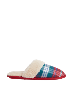 Checked Faux Fur Lined Mule Slippers