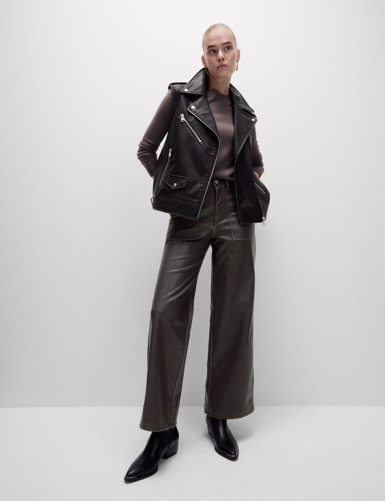 Leather Look Patch Pocket Wide Leg Trousers