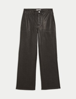 Leather Look Patch Pocket Wide Leg Trousers