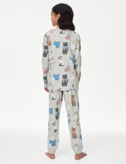 Pure Cotton Cat Print Pyjamas (6-16 Yrs)