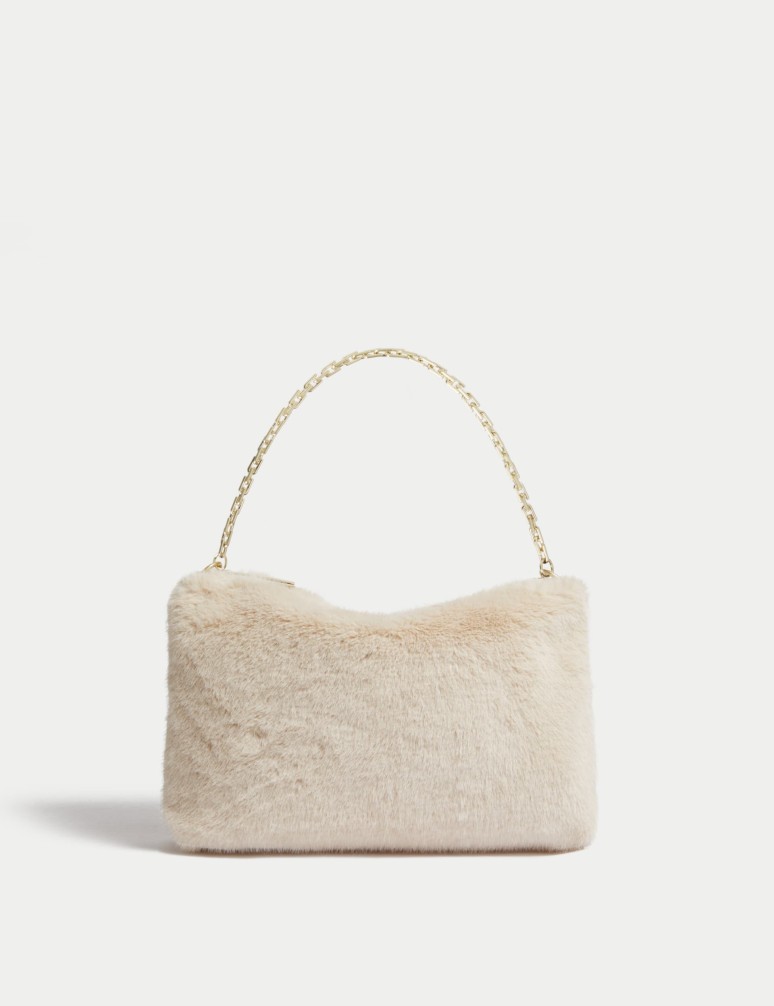 Faux Shearling Chain Strap Shoulder Bag