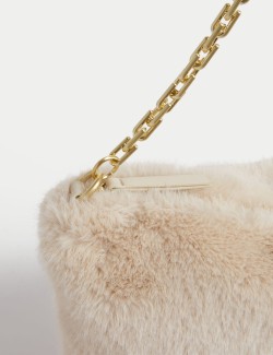 Faux Shearling Chain Strap Shoulder Bag