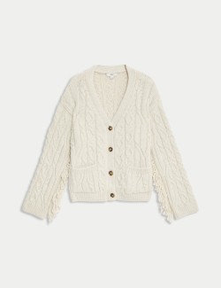 Cable Knit V-Neck Fringe Cardigan