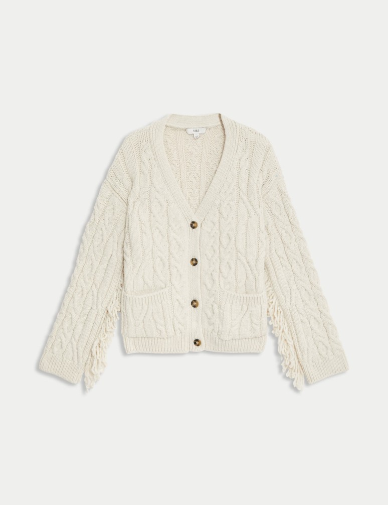 Cable Knit V-Neck Fringe Cardigan