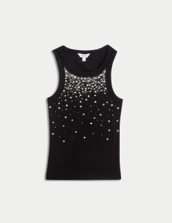 Cotton Rich Embellished Crew Neck Vest Top