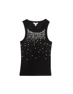 Cotton Rich Embellished Crew Neck Vest Top