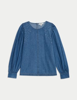 Pure Cotton Denim Embellished Blouse