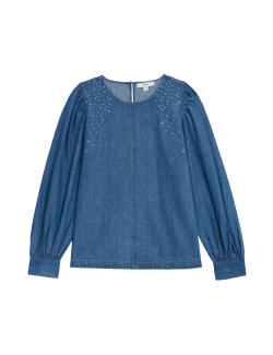 Pure Cotton Denim Embellished Blouse