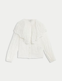 Lace Crew Neck Ruffle Blouse