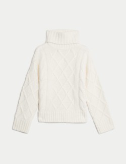 Cable Knit Roll Neck Jumper with Wool