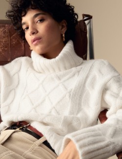 Cable Knit Roll Neck Jumper with Wool