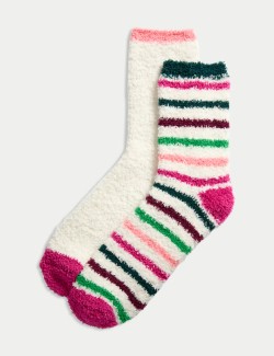 2pk Cosy Striped & Plain Fluffy Socks