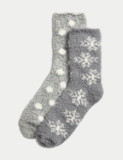 2pk Cosy Snowflake Fluffy Socks