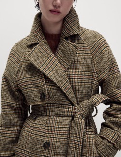 Checked Longline Trench Coat with Wool