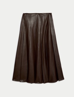 Leather Look Pleated Midaxi A-Line Skirt