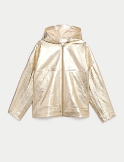 Leather Metallic Hooded Jacket