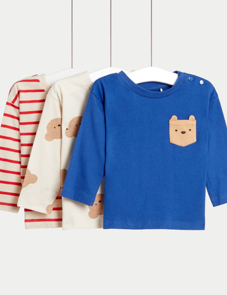 3pk Pure Cotton Bear Tops (0 Mths-3 Yrs)