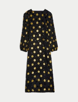 Polka Dot Blouson Sleeve Midi Column Dress