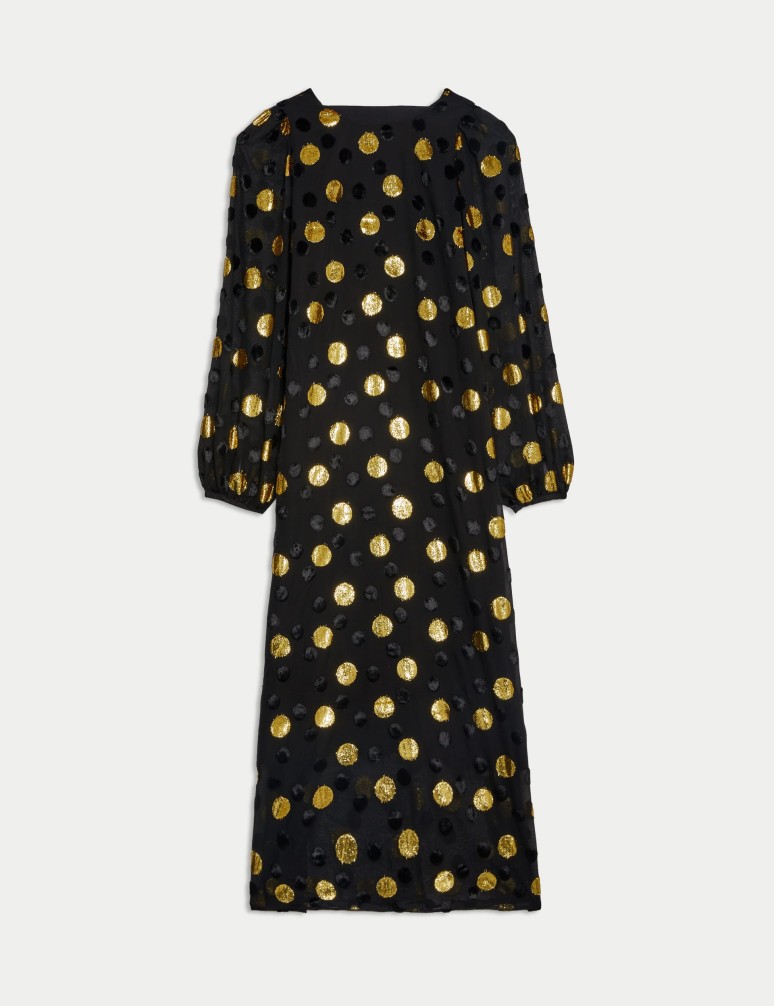 Polka Dot Blouson Sleeve Midi Column Dress