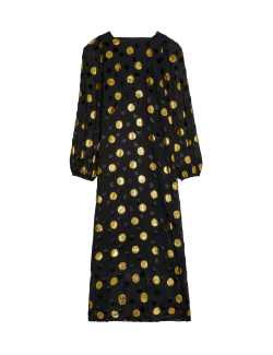 Polka Dot Blouson Sleeve Midi Column Dress