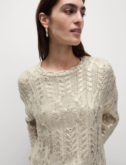 Metallic Cable Knit Crew Neck Relaxed Jumper