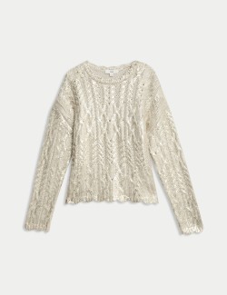 Metallic Cable Knit Crew Neck Relaxed Jumper