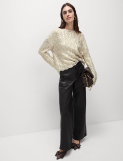 Metallic Cable Knit Crew Neck Relaxed Jumper