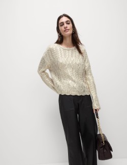 Metallic Cable Knit Crew Neck Relaxed Jumper