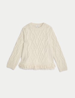 Crew Neck Cable Knit Fringe Jumper