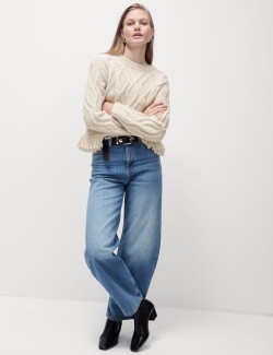 Crew Neck Cable Knit Fringe Jumper