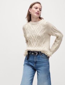 Crew Neck Cable Knit Fringe Jumper