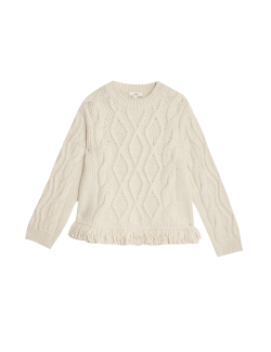 Crew Neck Cable Knit Fringe Jumper