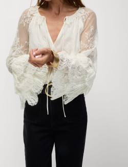 Lace Embroidered Tie Neck Blouse