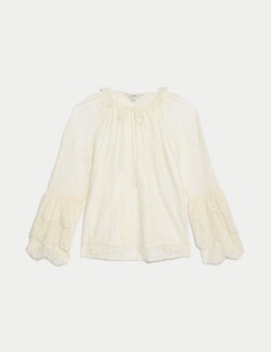 Lace Embroidered Tie Neck Blouse