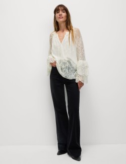 Lace Embroidered Tie Neck Blouse